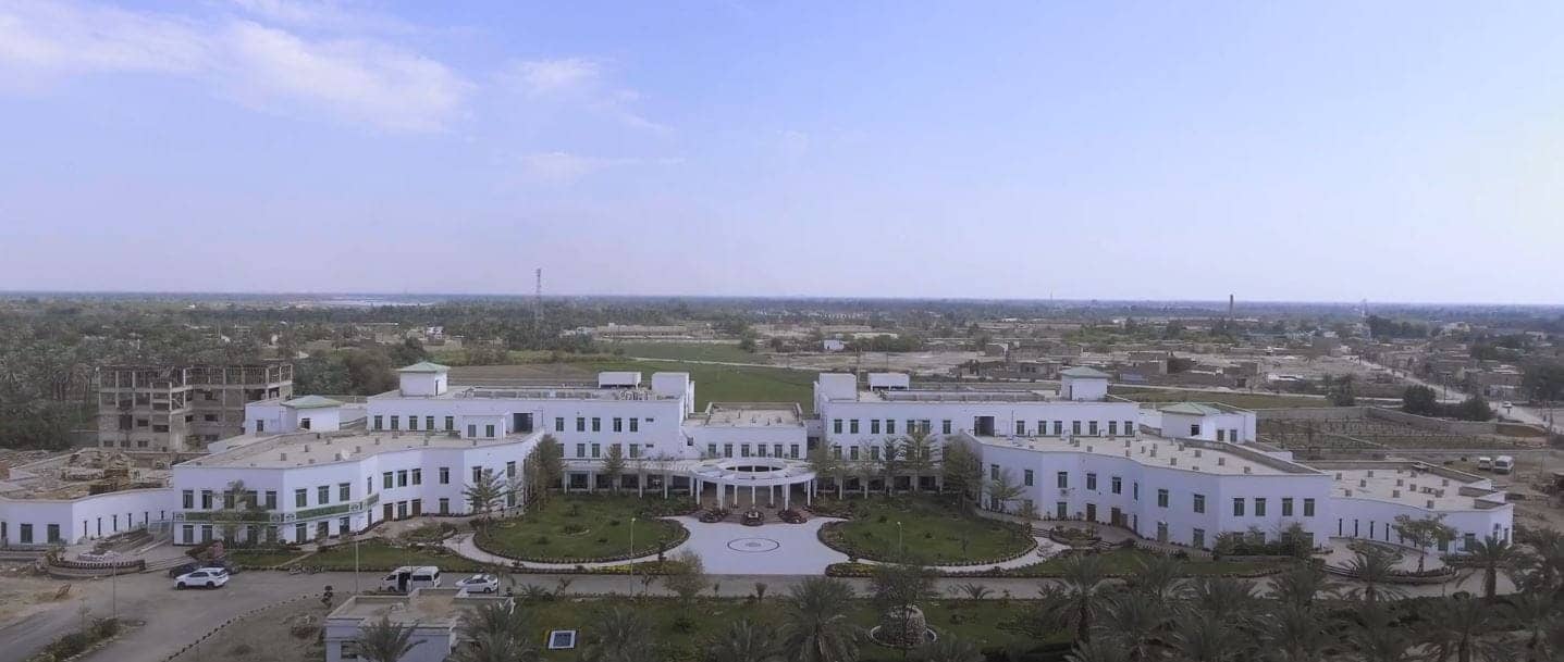 Aerial view of the Pir Abdul Qadir Shah Jeelani Institute of Medical Sciences at Gambat, Khairpur, Sindh