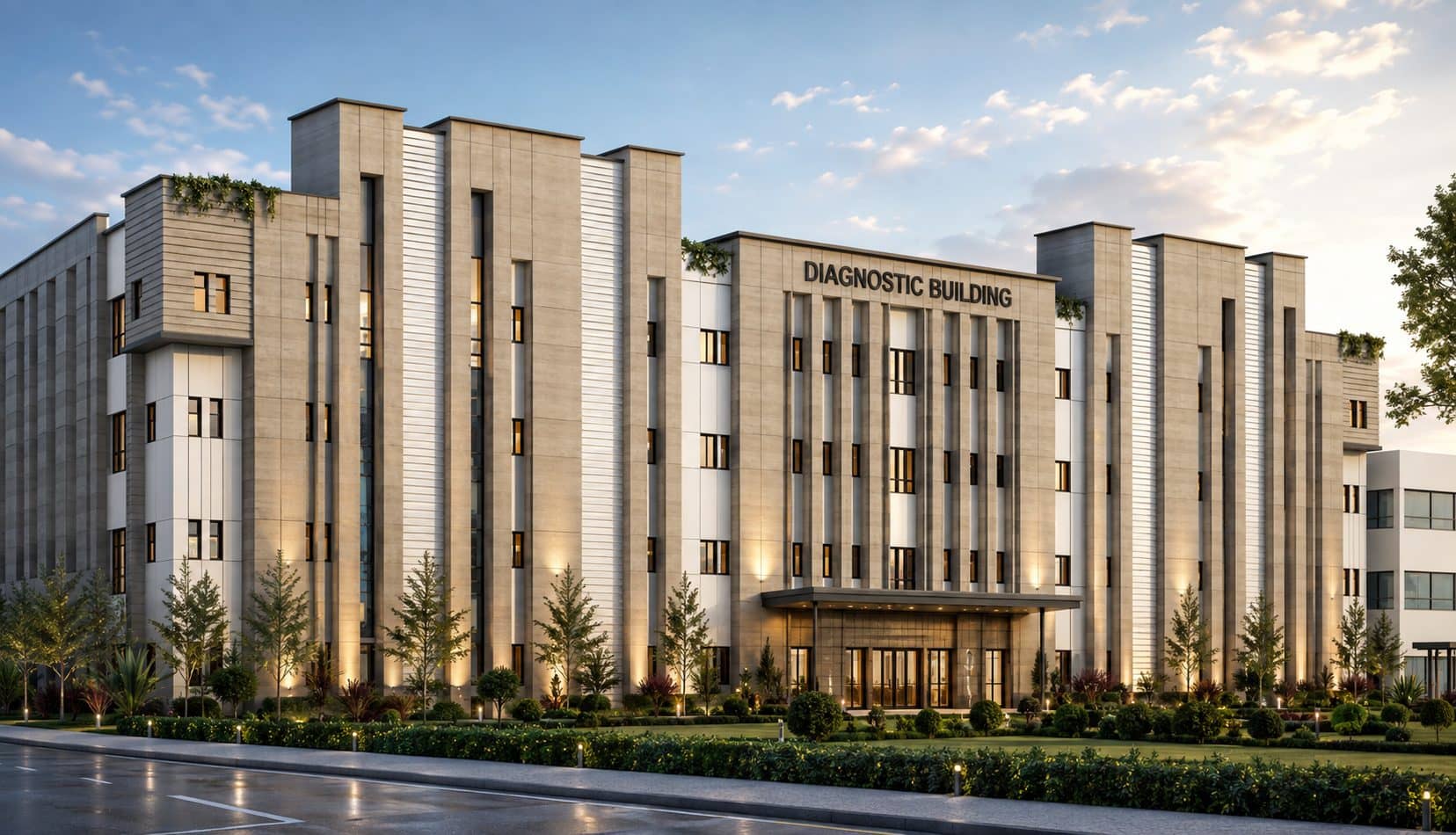 The diagnostic building at dusk — architect's render Diagnostic Building, PNS Shifa, Karachi, Karachi