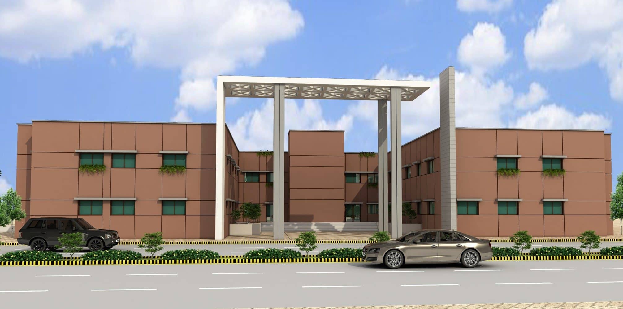 The academic block and campus gateway — architect's render Benazir Bhutto Shaheed University of Technology and Skill Development, Khairpur, Khairpur, Sindh