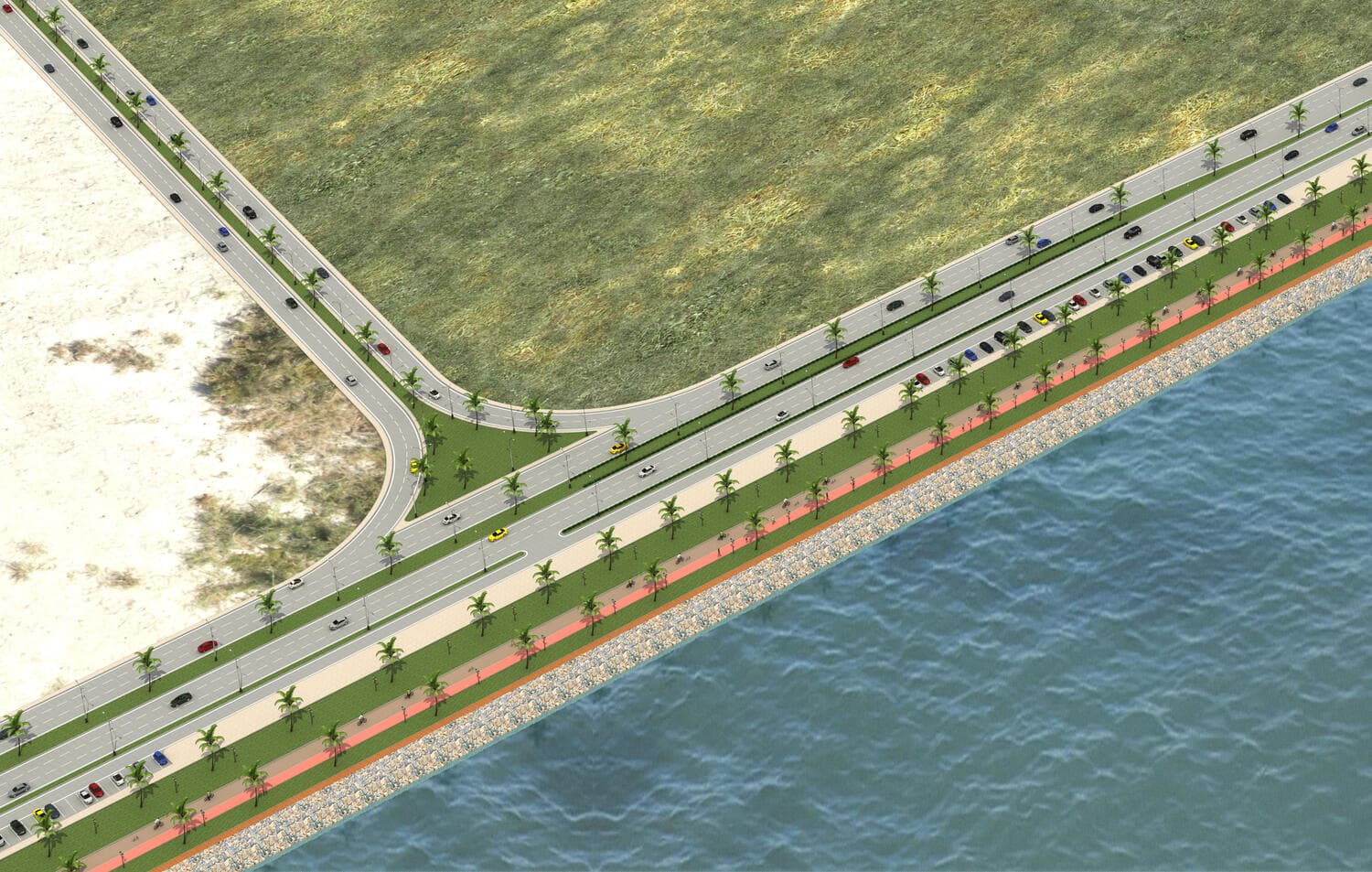 Proposal — the alignment seen from above, with the service lane and the visitor parking. Sea Wall and Road, Dolmen Mall to China Port, Clifton, Clifton, Karachi