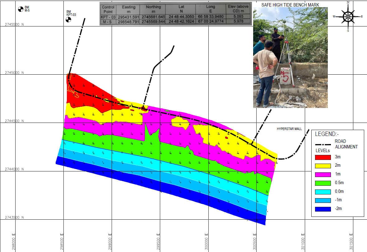 Bathymetric survey — seabed levels along the alignment, referenced to the safe high-tide bench mark. Sea Wall and Road, Dolmen Mall to China Port, Clifton, Clifton, Karachi