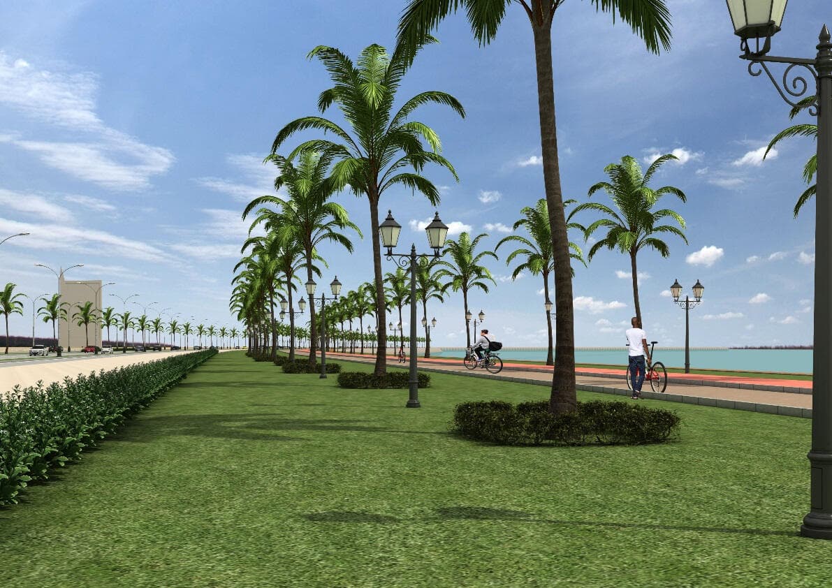 Proposal — the green belt between the urban deck and the cycling track, with benches, lighting and trees. Sea Wall and Road, Dolmen Mall to China Port, Clifton, Clifton, Karachi