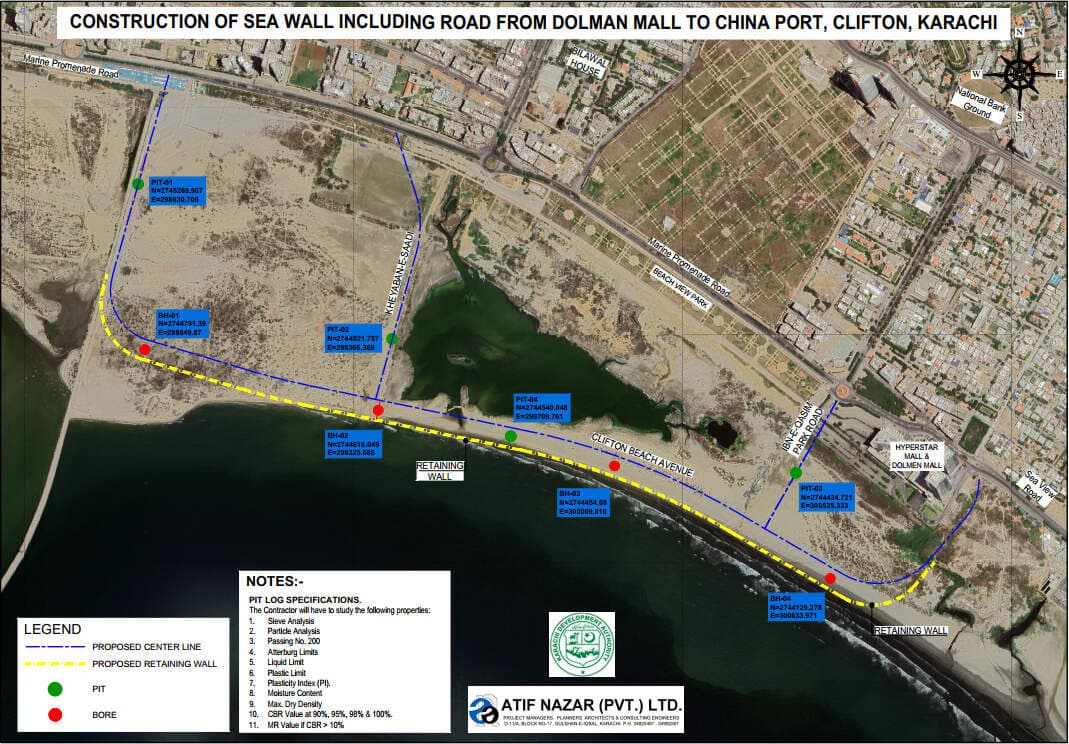 Layout plan — the centre line, the proposed retaining wall and the borehole and pit positions along the shoreline. Sea Wall and Road, Dolmen Mall to China Port, Clifton, Clifton, Karachi