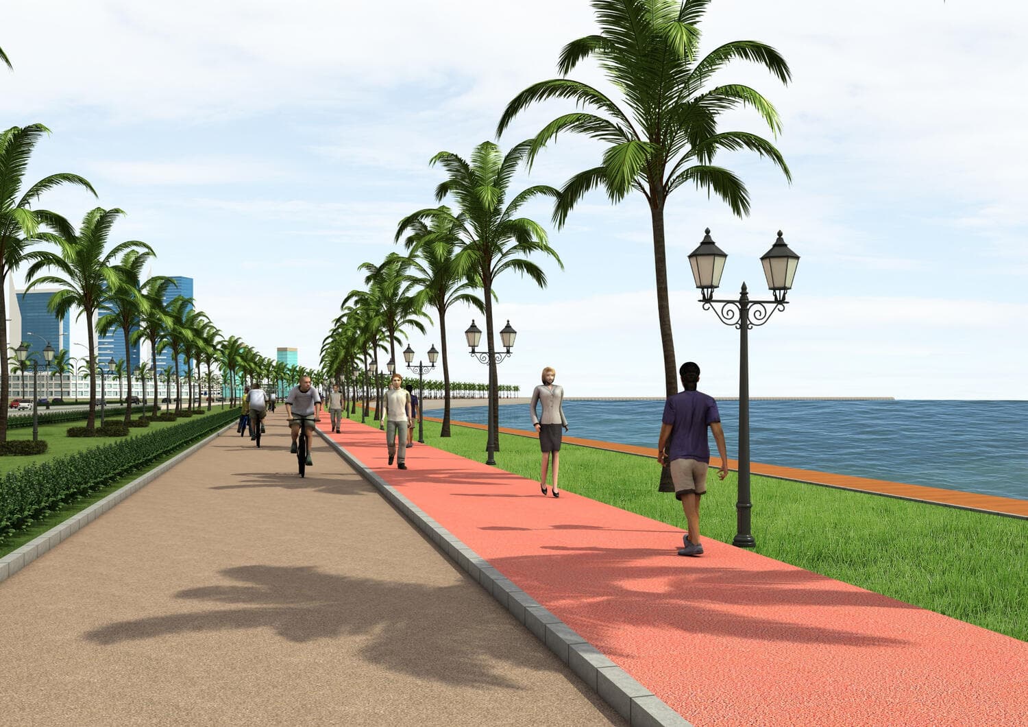 Proposal — the promenade along the sea wall, with the city behind it. Sea Wall and Road, Dolmen Mall to China Port, Clifton, Clifton, Karachi