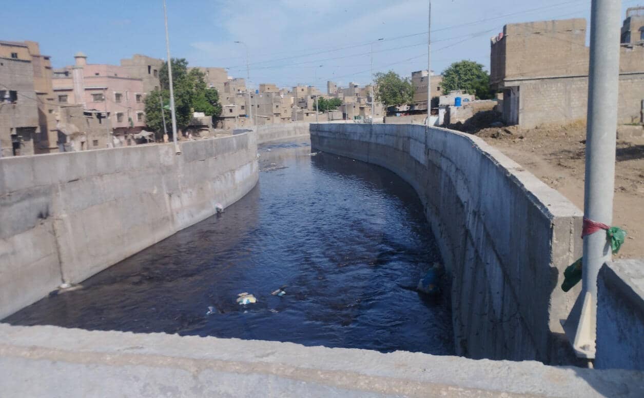 Existing condition — the lined channel and the side road reserve along the Gujjar Nala corridor. Gujjar Nala Corridor Connection to the Lyari Expressway, Gujjar Nala corridor, District Central, Karachi