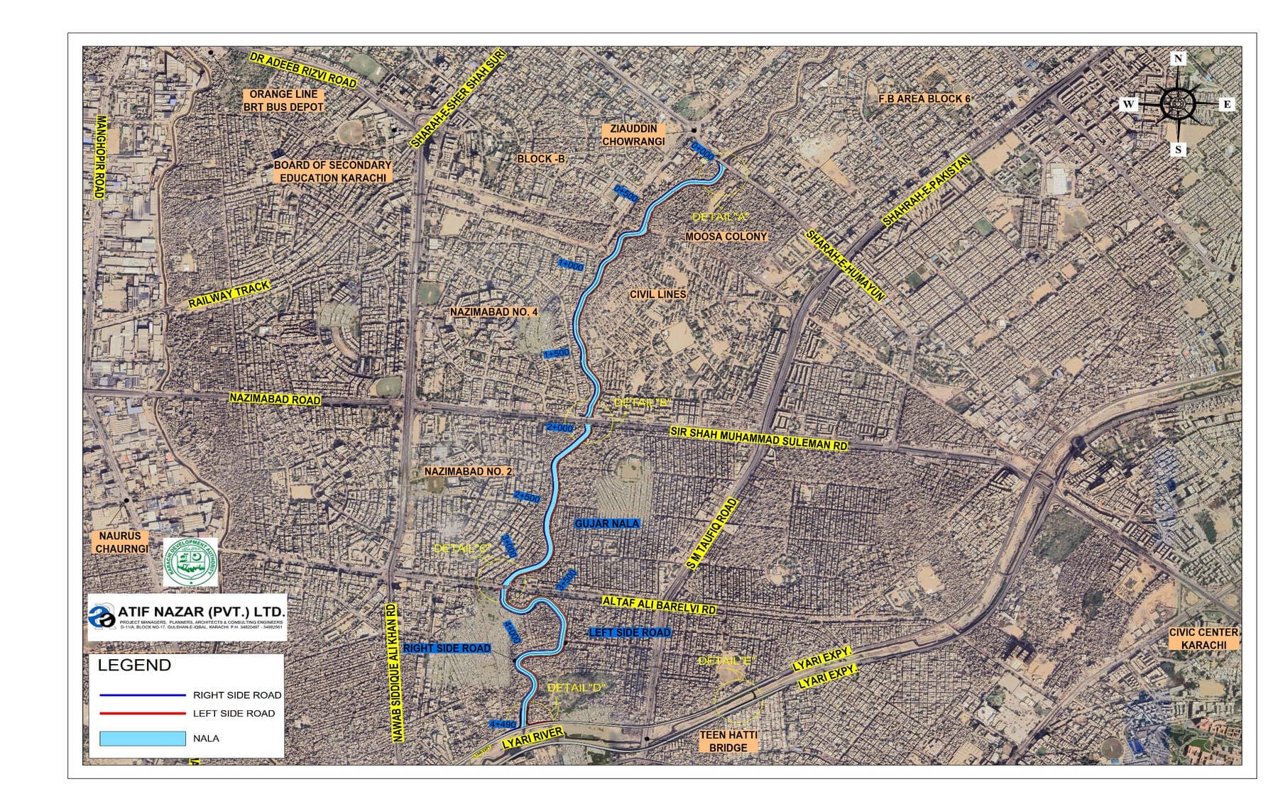Key plan of the Gujjar Nala corridor, with the nala and the left and right side roads marked. Gujjar Nala Corridor Connection to the Lyari Expressway, Gujjar Nala corridor, District Central, Karachi