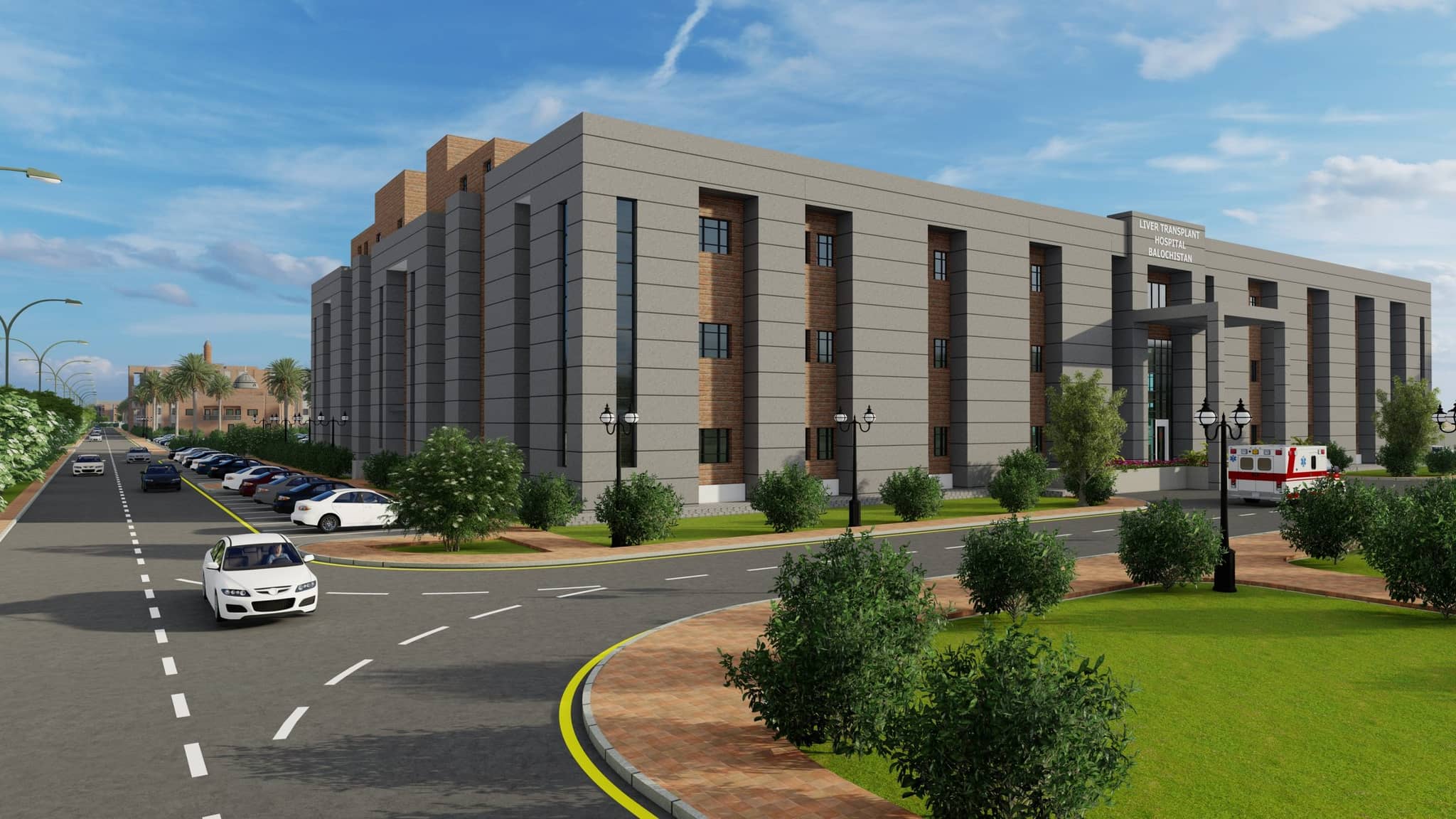 The hospital block on approach — architect's render Benazir Bhutto Shaheed Institute of Liver Transplant, Naseerabad, Naseerabad, Balochistan