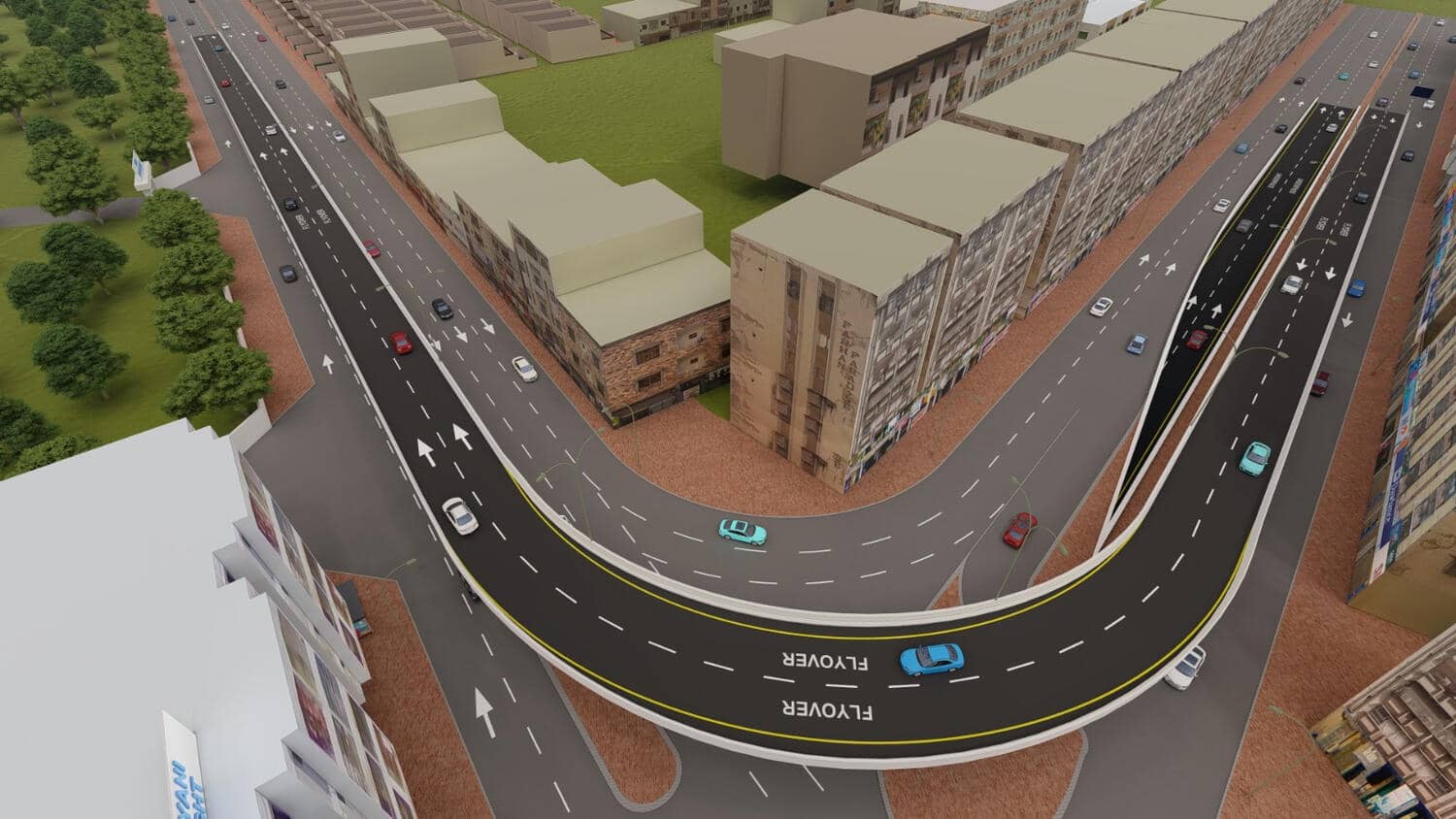 Proposal render — the flyover and underpass carrying the through movements across Maskan Chowrangi. Underpass and Flyover at Maskan Chowrangi, Maskan Chowrangi, Gulshan-e-Iqbal, Karachi