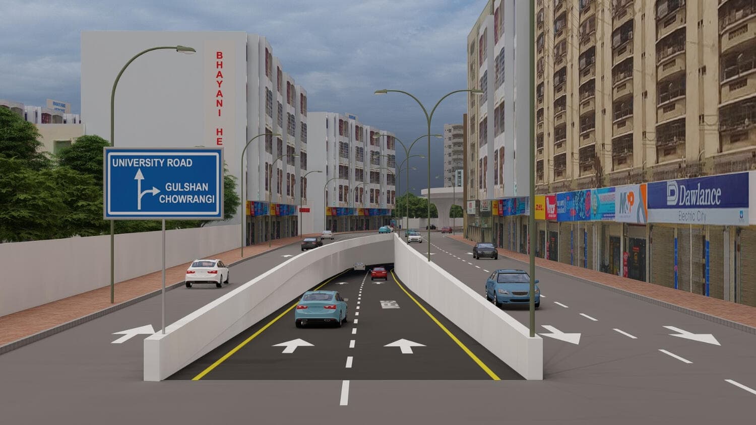 Proposal — the underpass ramp, with signage to University Road and Gulshan Chowrangi. Underpass and Flyover at Maskan Chowrangi, Maskan Chowrangi, Gulshan-e-Iqbal, Karachi