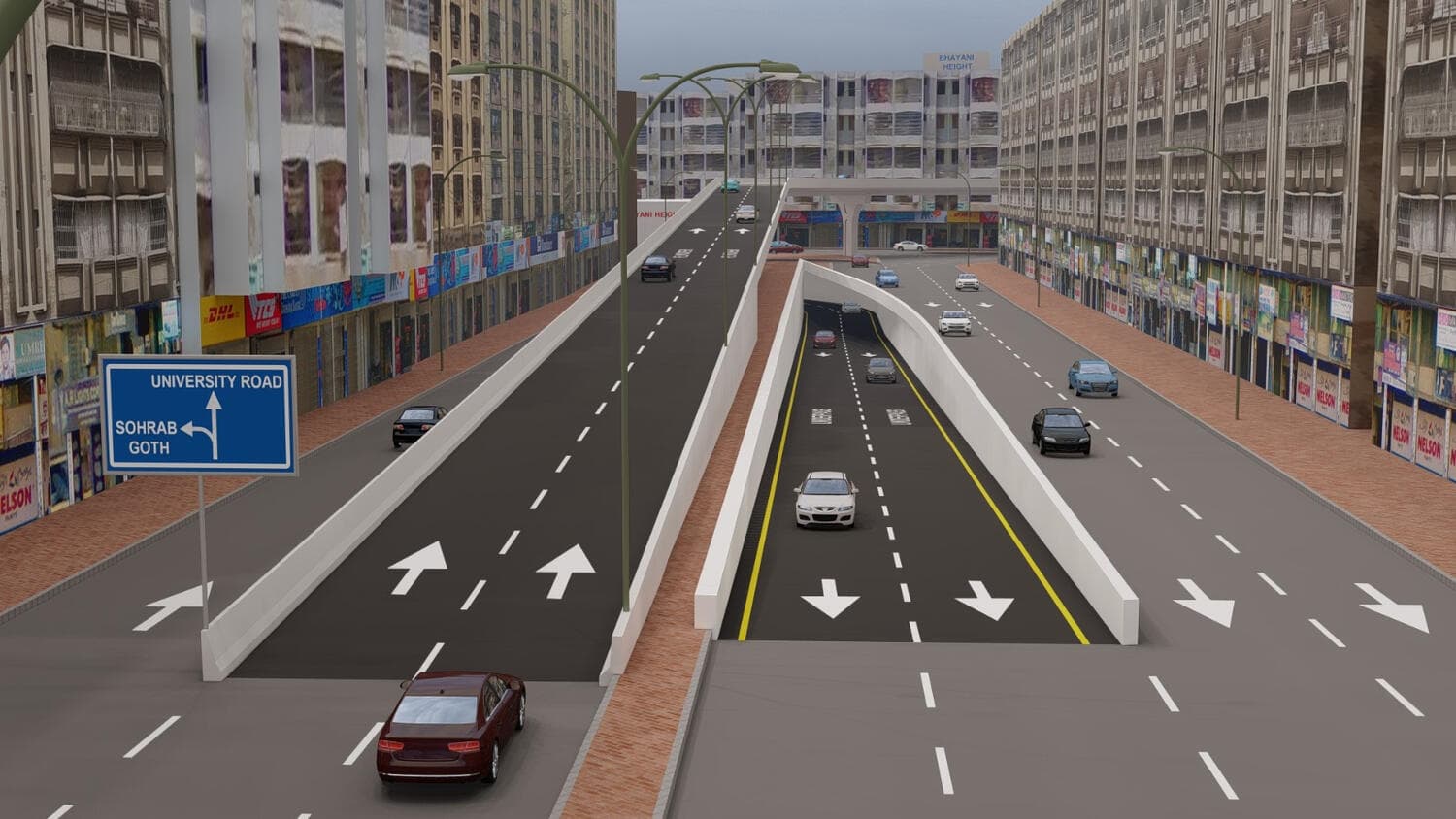 Proposal — the underpass approach, with signage to University Road and Sohrab Goth. Underpass and Flyover at Maskan Chowrangi, Maskan Chowrangi, Gulshan-e-Iqbal, Karachi