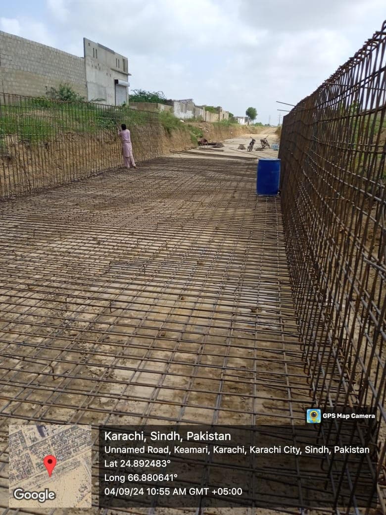 Site record, 4 September 2024 — reinforcement in place for the lined channel. Link Road and Nallah, RCD Highway at Moach Goth to Hawkes Bay, Moach Goth to Hawkes Bay, Karachi