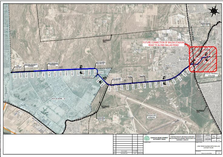 Layout plan for the Karachi Development Authority — the link road and nallah between the RCD Highway at Moach Goth and Hawkes Bay. Link Road and Nallah, RCD Highway at Moach Goth to Hawkes Bay, Moach Goth to Hawkes Bay, Karachi