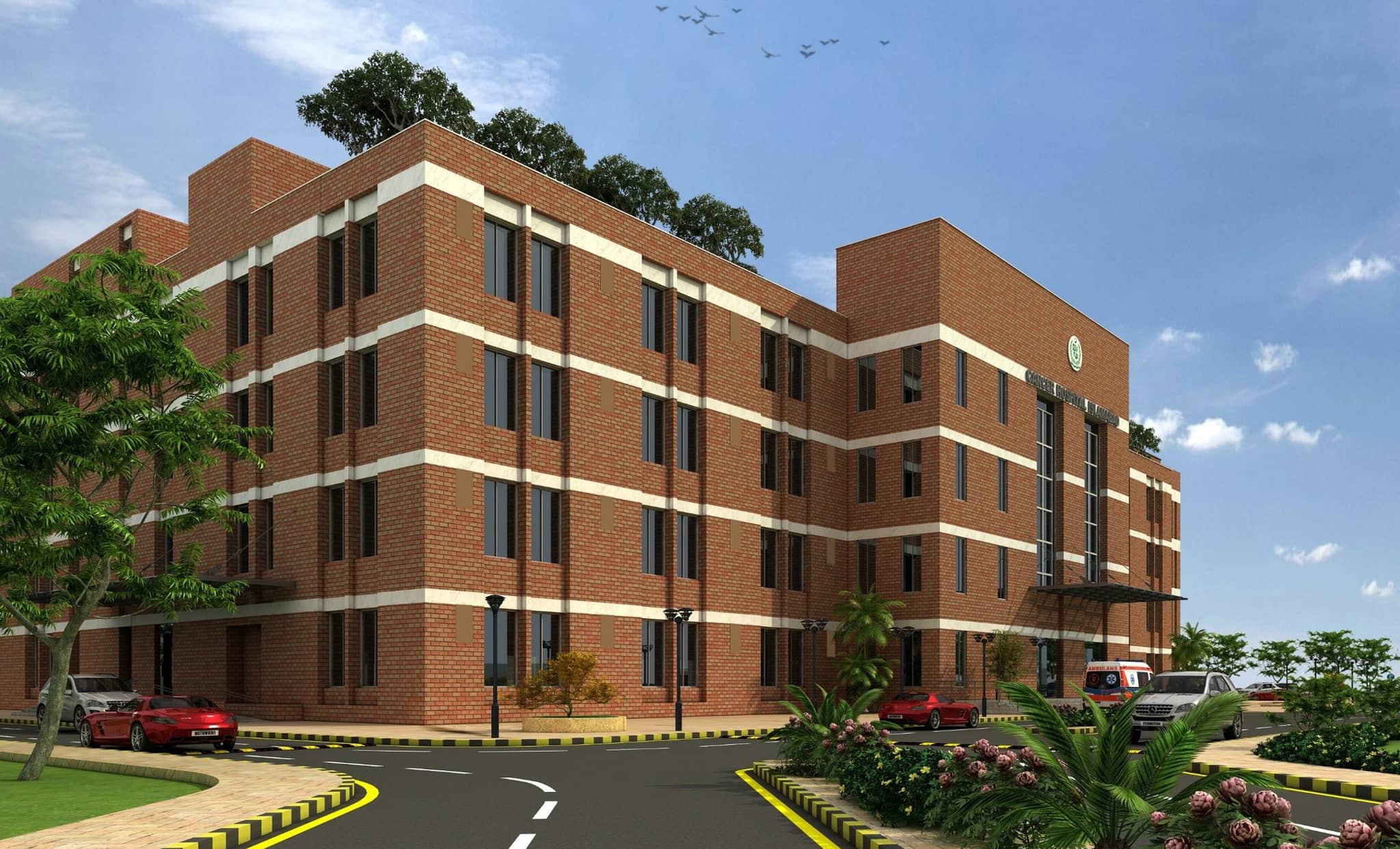 The hospital block from the approach — architect's render PIMS Cancer Hospital, Islamabad, Islamabad