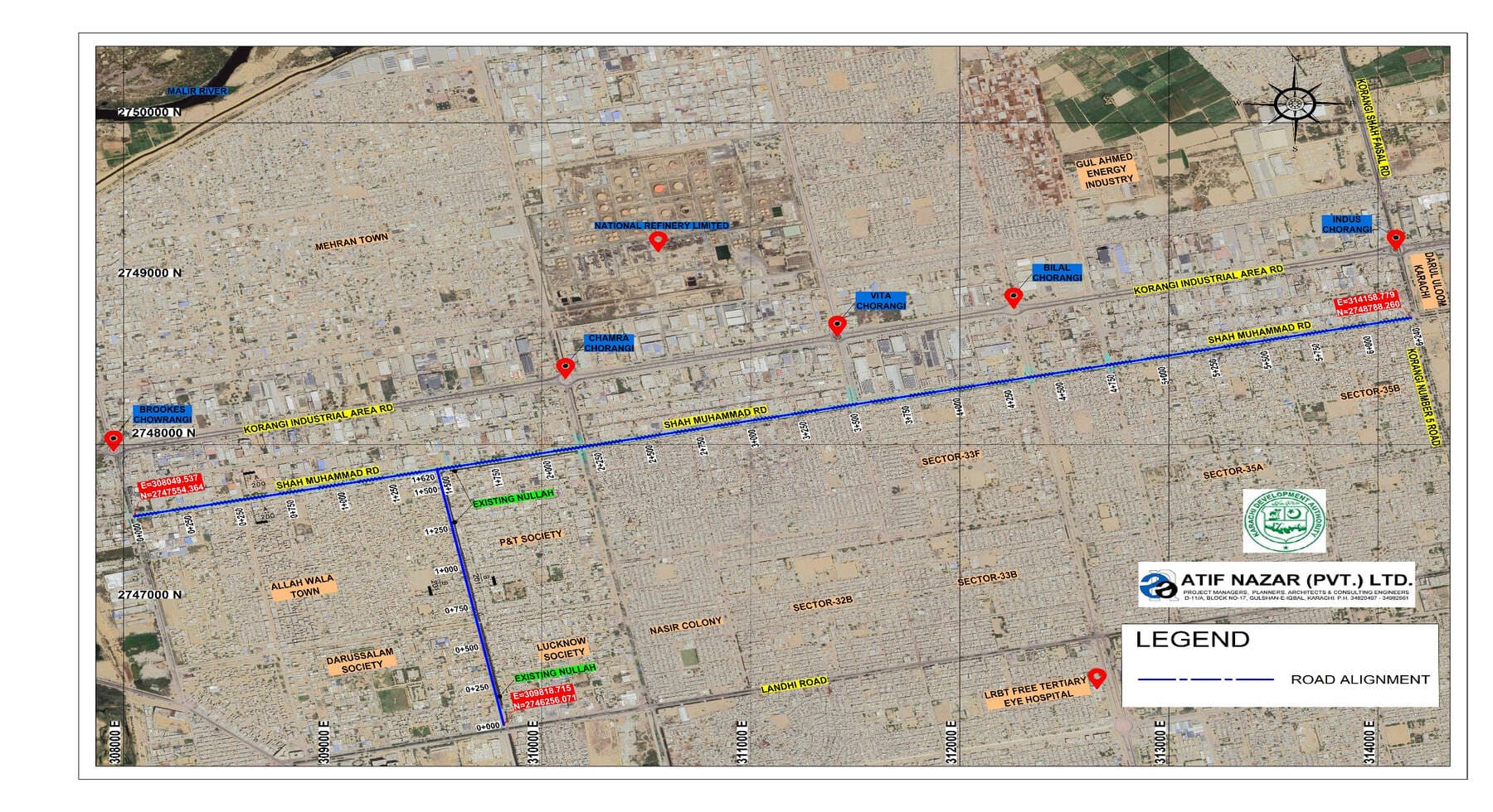 Proposal — the alignment of Road 10000 between Darul Uloom and the road connecting Brookes Chowrangi. Road 10000 Rehabilitation, Korangi, Korangi, Karachi