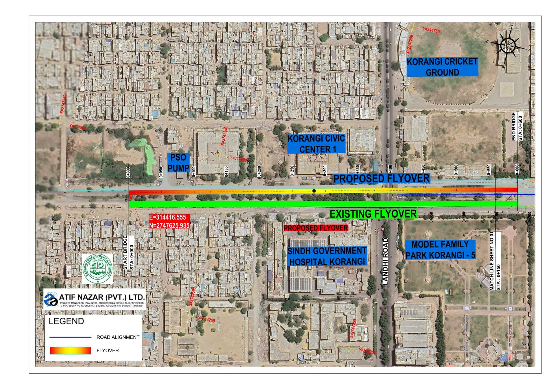 Proposal — the alignment, with the proposed flyover set against the existing one between the Sindh Government Hospital and the Korangi cricket ground. Road 13000 Rehabilitation and Flyover, Korangi, Korangi, Karachi