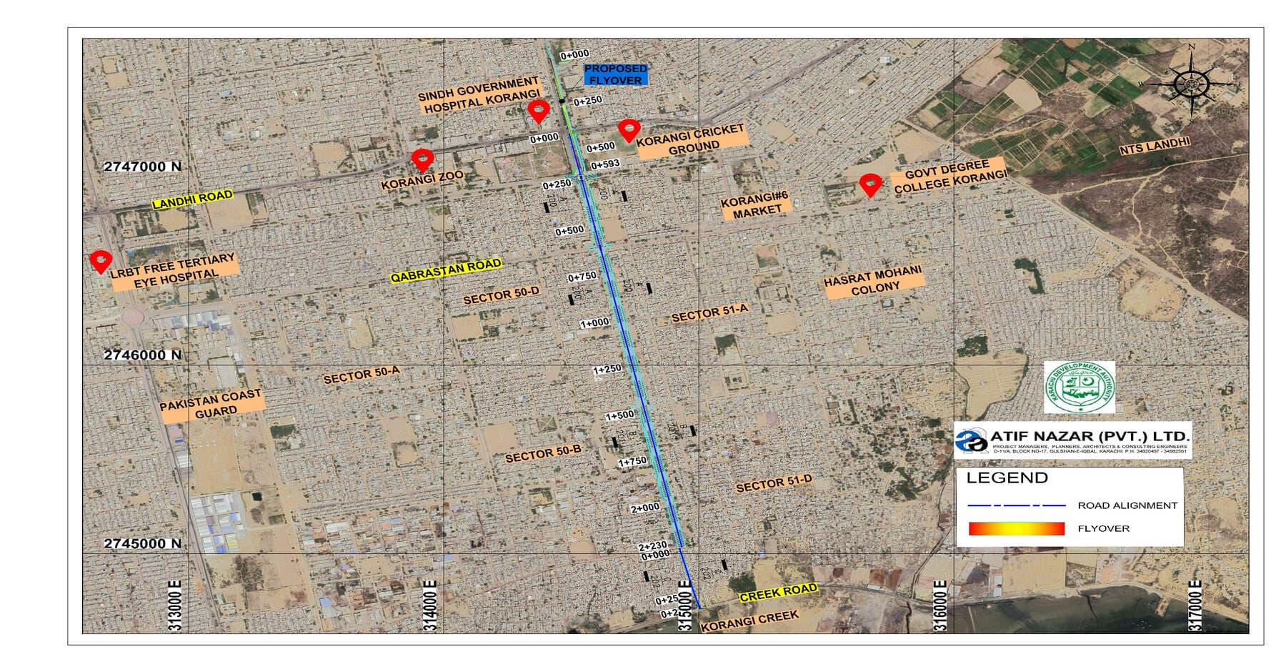 Corridor plan — Road 13000 set against the wider Korangi road network. Road 13000 Rehabilitation and Flyover, Korangi, Korangi, Karachi